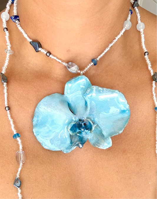 HandMade Aqua Blue Orchid Necklace