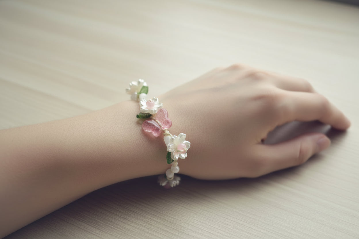 Pink Butterfly Apricot Blossom Bracelet